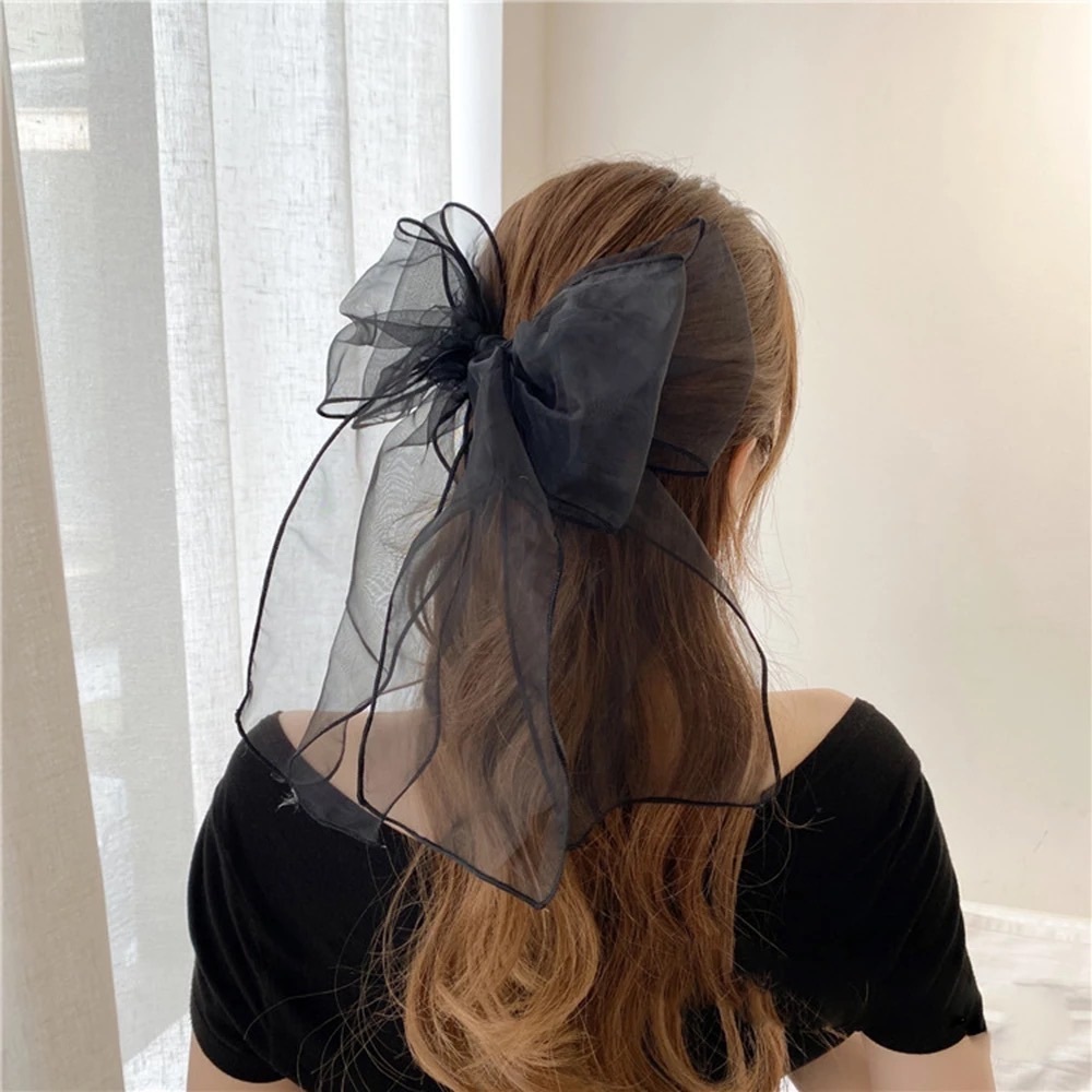 Oversized Black Tule Bow French Barrette Hair Clip - Picture 5 of 10